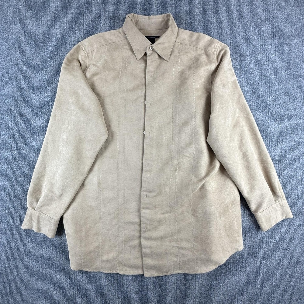 Claiborne Shirt Mens XL Beige Microfiber Faux Suede Long Sleeve Button Up Casual